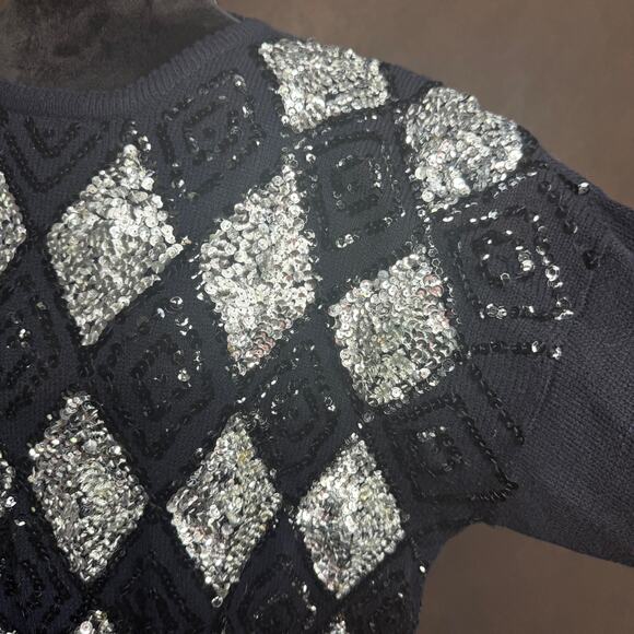Vintage Contessa by Joyce Sequin Beaded Sweater Black Silver Argyle 1X Acrylic - Picture 8 of 10